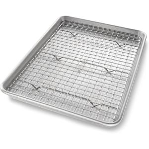 USA Pan Bakeware Quarter Sheet Baking Pan and Bakeable Nonstick Cooling Rack Set, Metal(Jelly Roll (Pack of 1))